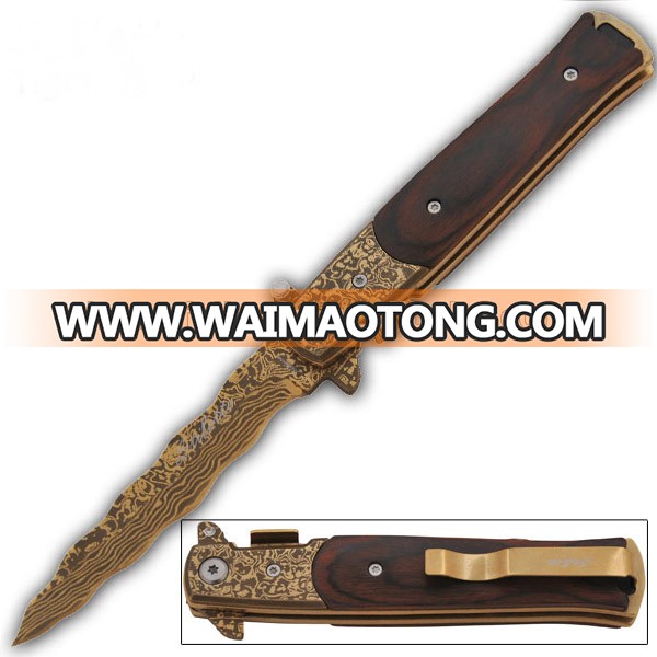 9 "Wood handle Golden Damascus blade Assisted opening Folding Pocket Knife