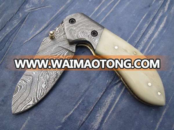 Custom Damascus folding knife Damascus Bolster Camel Bone Handle Pocket knife UI-1565